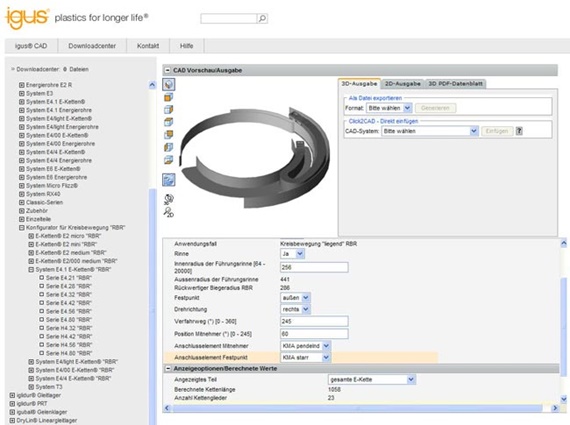 3D CAD configurator for energy chains® with circular motion