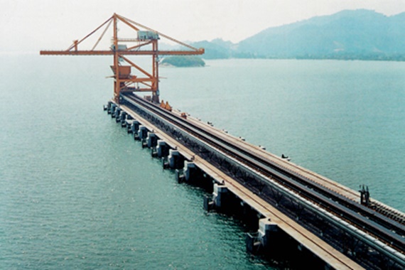 Grue avec chaîne porte-câbles igus® pour courses longues